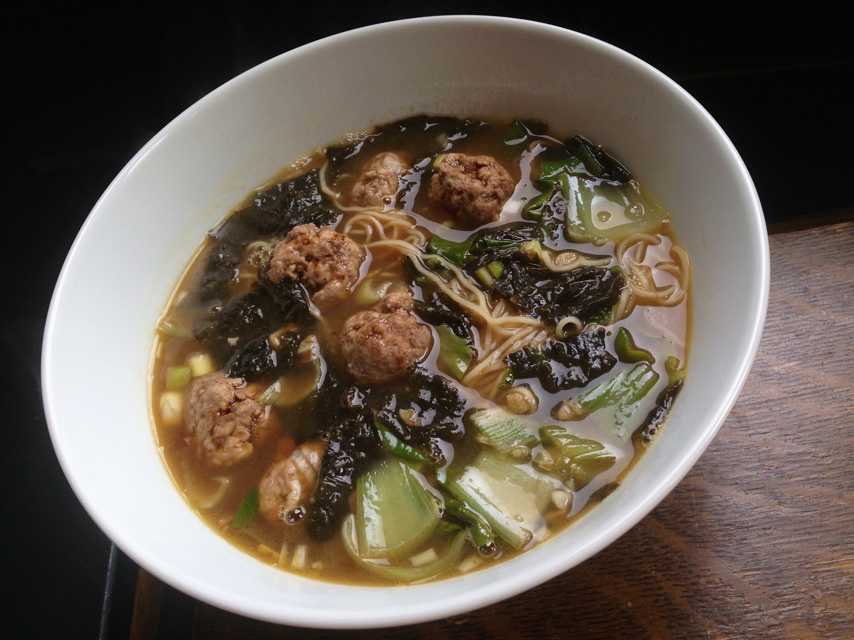 Seaweed-Bok Choy Noodle Soup With Peppery Pork Balls