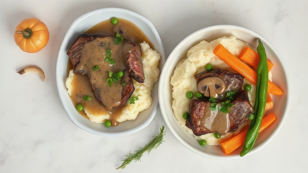 Salisbury Steak with Mushroom Gravy, Garlic Mashed Potatoes and Peas, Carrots and Peppers